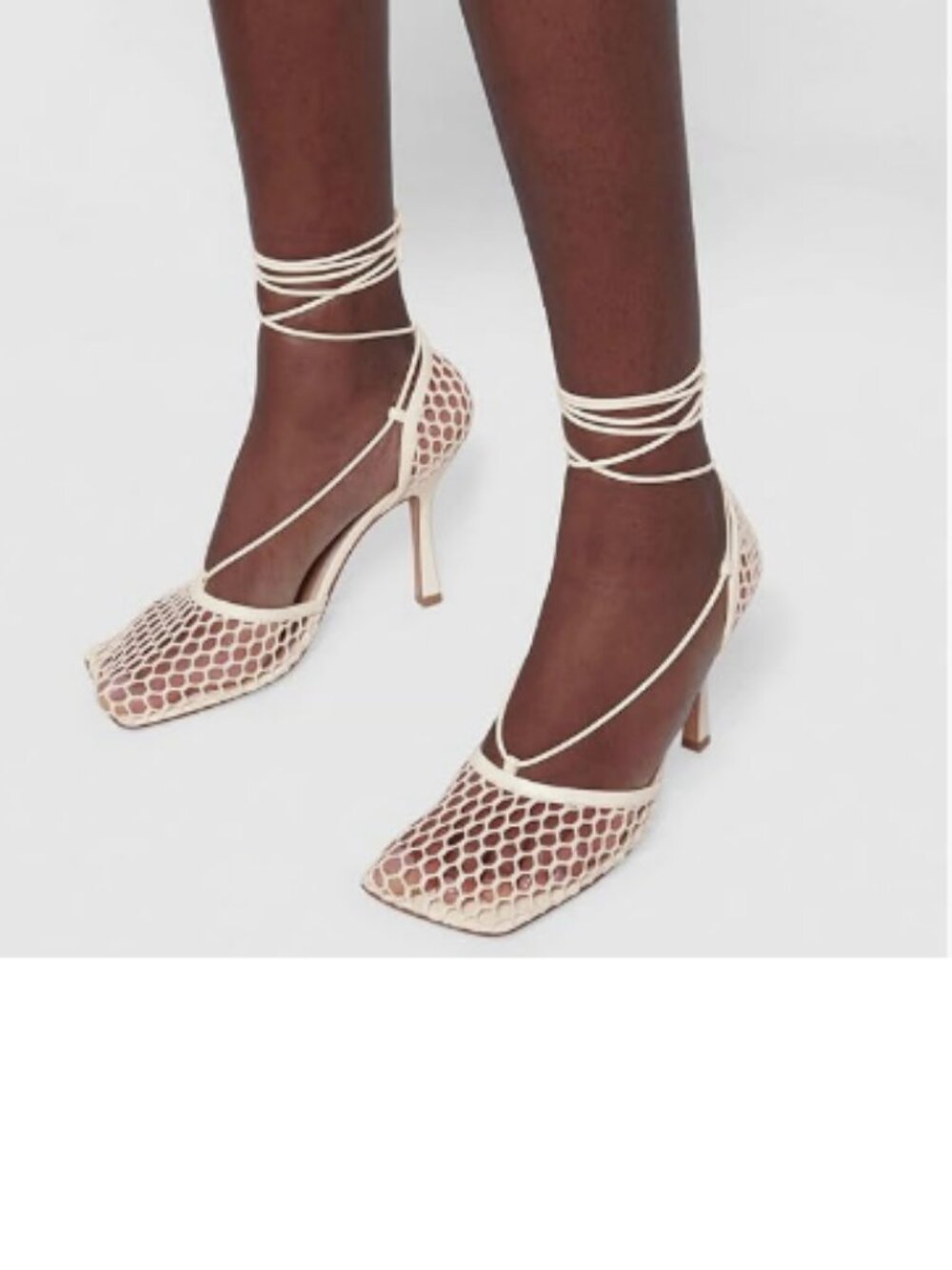 FOWT White Square Caged Toe Strappy Mesh Lace up Ankle Strap High Heel Sandals